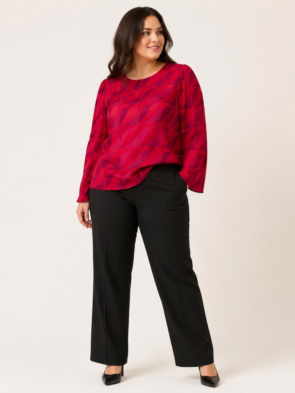 VERO MODA Curve Kypra Satin Abstract Bell Sleeve Blouse Size 16